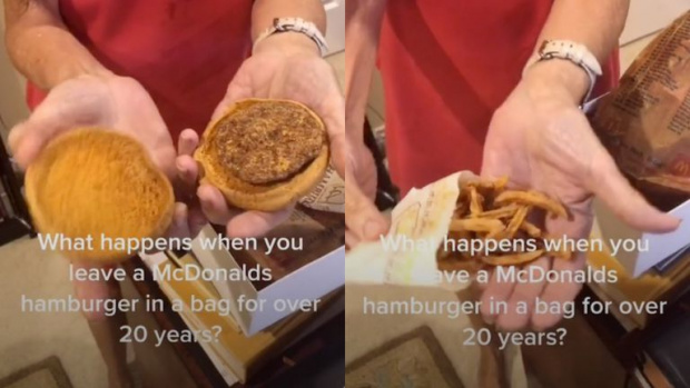 Във видео публикувано в TikTok възрастна жена показва хамбургер и