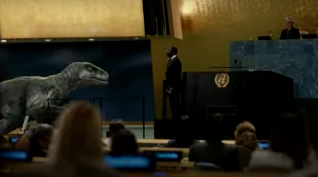 Динозавър се появи в заседателната зала на ООН Виртуалното влечуго