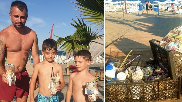 Бар в Поморие черпи студена напитка срещу чаша с боклук от плажа