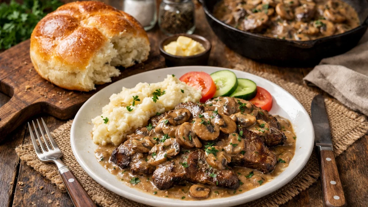 Телешки дроб с гъбен сос за вечеря и домашна питка