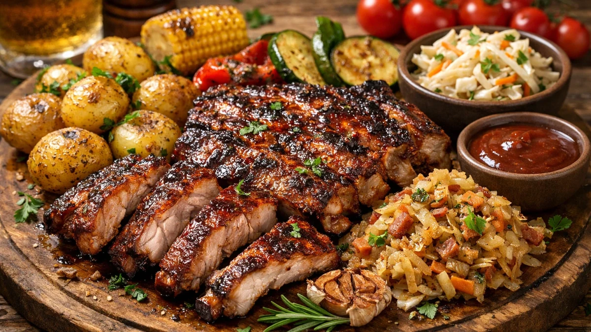 Крехки свински ребра с ароматна гарнитура