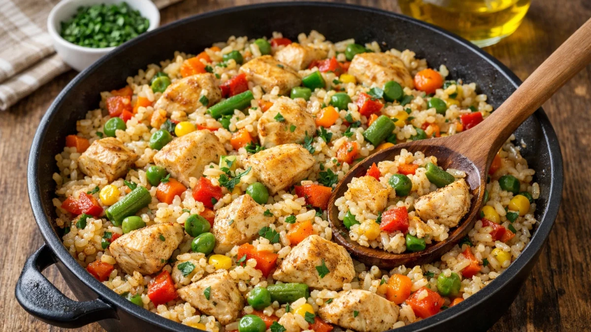 Какво да сготвя за обяд? Пилешко с ориз и зеленчуци на тиган