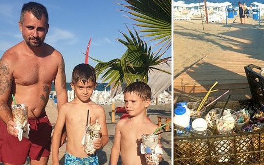 Бар в Поморие черпи студена напитка срещу чаша с боклук от плажа