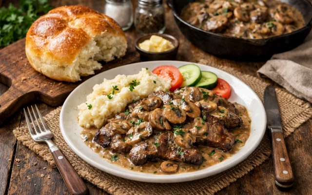 Телешки дроб с гъбен сос за вечеря и домашна питка