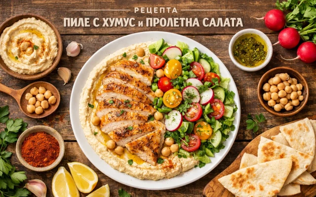 Пиле с хумус и пролетна салата – свежа и балансирана рецепта