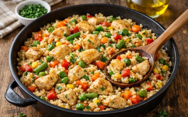 Какво да сготвя за обяд? Пилешко с ориз и зеленчуци на тиган