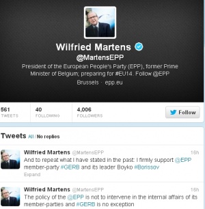 Председателят на ЕНП Вилфрид Мартенс подкрепи Бойко Борисов в Туитър