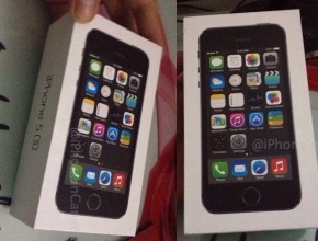 Снимка на опаковката на iPhone 5S показва основен бутон със сребрист пръстен