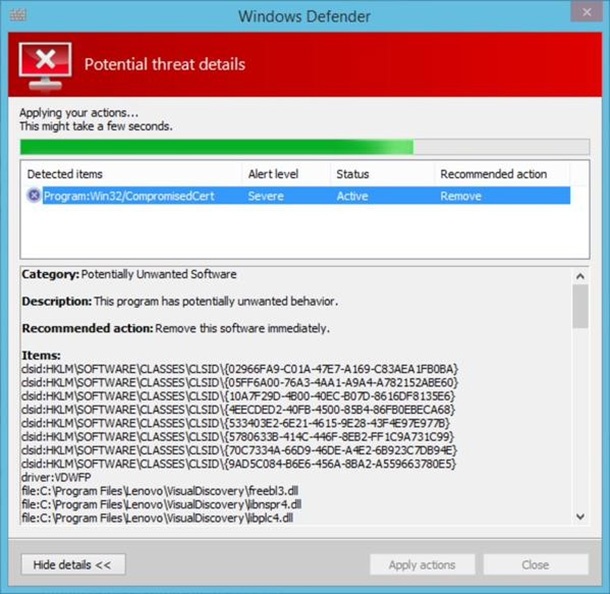 Windows Defender вече може да премахне Superfish от лаптопите на Lenovo