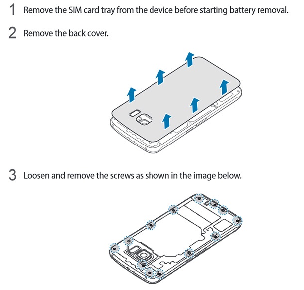 В ръководството на Galaxy S6 има инструкции за сваляне на батерията