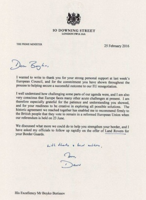 Дейвид Камерън благодари на Бойко Борисов за подкрепата с писмо