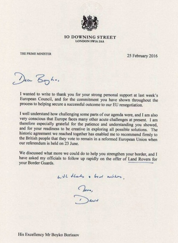 Дейвид Камерън благодари на Бойко Борисов за подкрепата с писмо