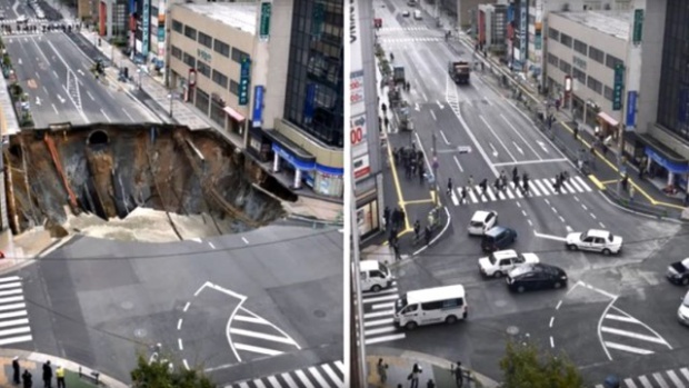 Кратерът, който се отвори насред булевард в Япония, вече е запълнен