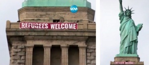 Надпис "Бежанци, добре дошли!" се появи на Статуята на свободата