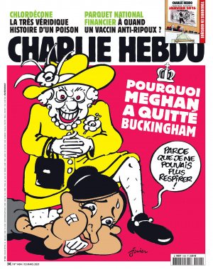 Шарли Ебдо издокара кралица Елизабет като зла бабичка, стъпила върху врата на Меган