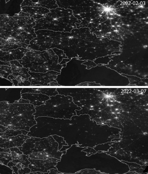 Покъртителна гледка! Ето как е изглеждала Украйна през нощта преди и след инвазията