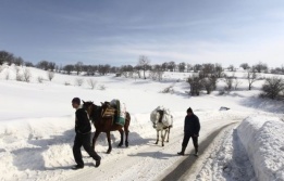 Мъже използват конете си, за да пренасят стоки в близост до покритото със сняг село Рестелица в Косово, където десет души загинаха при лавина на 11 февруари.