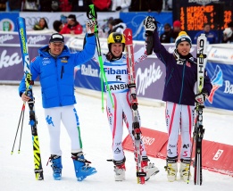 Днес в Банско се проведе стартът в гигантския слалом за мъже, валиден за Световната купа по ски. На снимката: вторият Масимилиано Блардоне (ляво), победителят Марсел Хиршер (средата) и третият Марсел Матис (дясно).