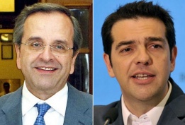 „Нова демокрация“ на Андонис Самарас (вляво) и „Сириза“ на Алексис Ципрас (вдясно) са с почти равни резултати на гръцките парламентарни избори от 17 юни.