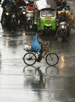 Тайландец избягва задръстването в Банкок, като се придвижва с колело на Световния ден на околната среда на 5 юни. Правителството насърчава купуването на велосипеди, защото газовите емисии влияят на глобалното затопляне