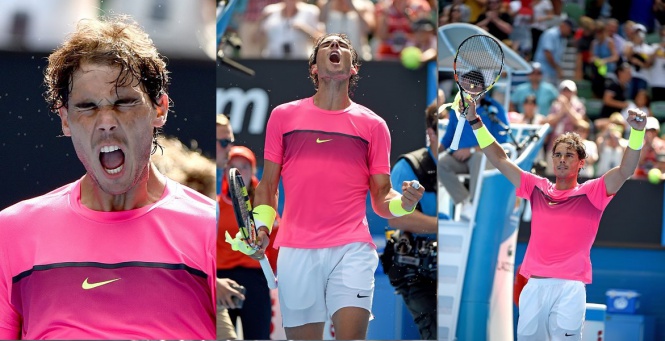 Испанският тенисист Рафаел Надал празнува победата си срещу срещу руснака  Михаил Южни в първия им мач от турнира Australian Open в Мелбърн